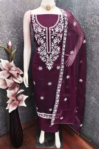 wine chanderi embroidered unstitched dressmaterials 3 pair top bottom dupptaa
