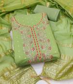 Green chanderi  embroidered unstitched dressmaterials 3 pair top bottom dupptaa
