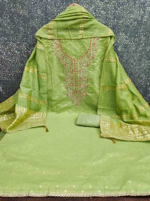 Green chanderi  embroidered unstitched dressmaterials 3 pair top bottom dupptaa 2
