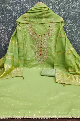 Green chanderi  embroidered unstitched dressmaterials 3 pair top bottom dupptaa