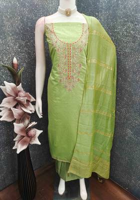 Green chanderi  embroidered unstitched dressmaterials 3 pair top bottom dupptaa 3