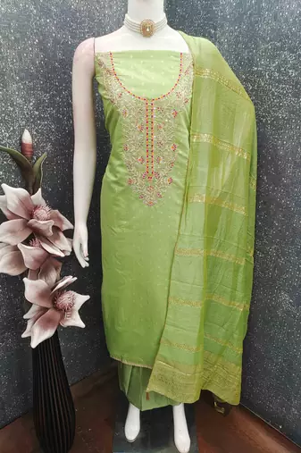 Green chanderi  embroidered unstitched dressmaterials 3 pair top bottom dupptaa
