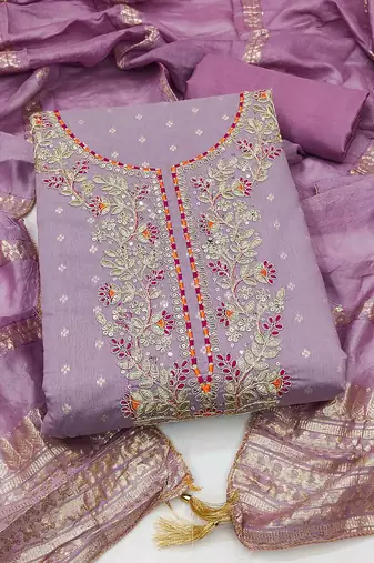 Lavender chanderi  embroidered unstitched dressmaterials 3 pair top bottom dupptaa