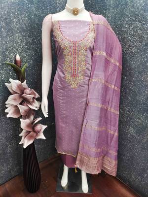 Lavender chanderi  embroidered unstitched dressmaterials 3 pair top bottom dupptaa 2