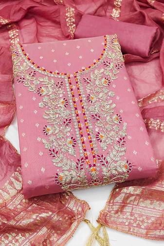 Pink chanderi  embroidered unstitched dressmaterials 3 pair top bottom dupptaa