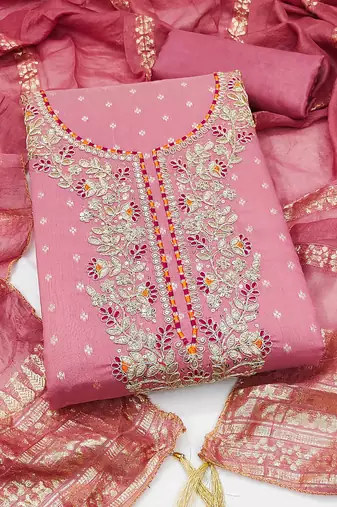 Pink chanderi  embroidered unstitched dressmaterials 3 pair top bottom dupptaa