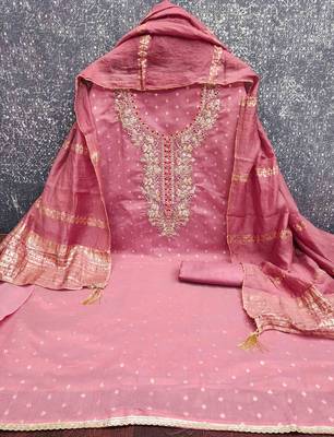Pink chanderi  embroidered unstitched dressmaterials 3 pair top bottom dupptaa 2