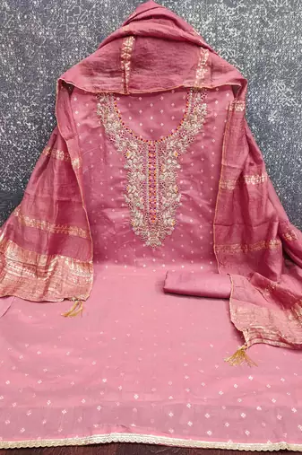 Pink chanderi  embroidered unstitched dressmaterials 3 pair top bottom dupptaa