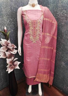 Pink chanderi  embroidered unstitched dressmaterials 3 pair top bottom dupptaa 3