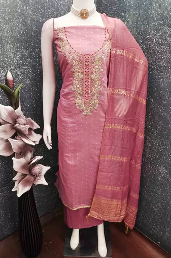 Pink chanderi  embroidered unstitched dressmaterials 3 pair top bottom dupptaa