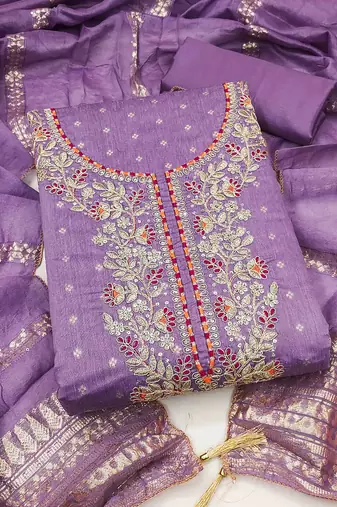 Purple chanderi  embroidered unstitched dressmaterials 3 pair top bottom dupptaa
