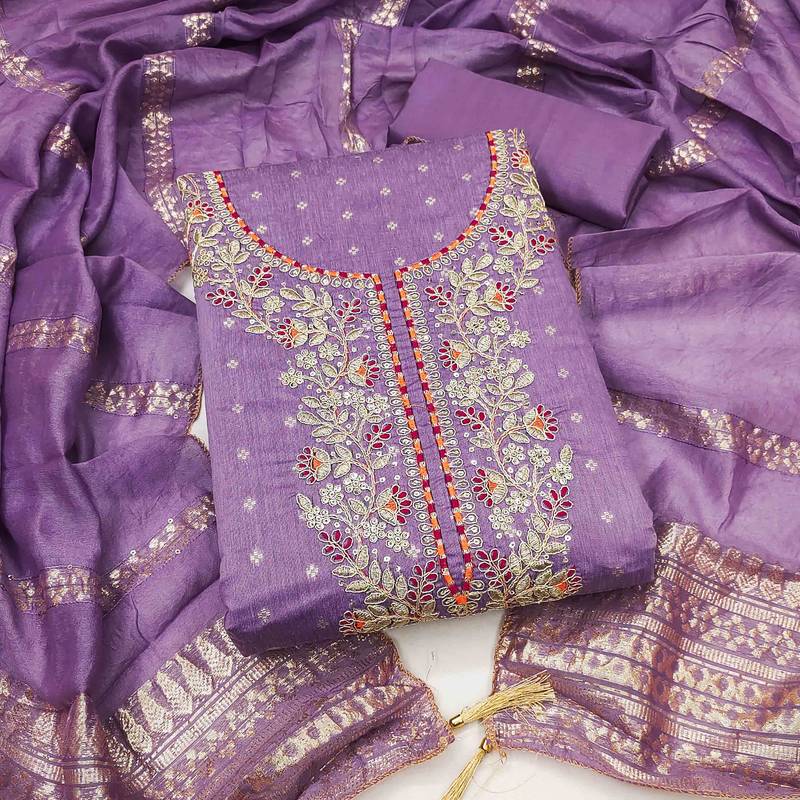 Purple chanderi  embroidered unstitched dressmaterials 3 pair top bottom dupptaa