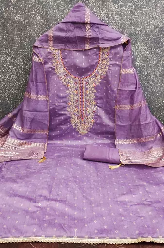 Purple chanderi  embroidered unstitched dressmaterials 3 pair top bottom dupptaa