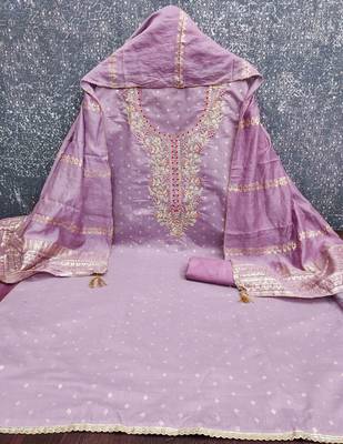 Purple chanderi  embroidered unstitched dressmaterials 3 pair top bottom dupptaa 3