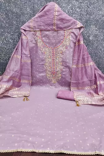 Purple chanderi  embroidered unstitched dressmaterials 3 pair top bottom dupptaa