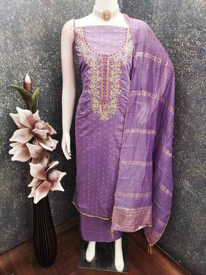 Purple chanderi  embroidered unstitched dressmaterials 3 pair top bottom dupptaa 4