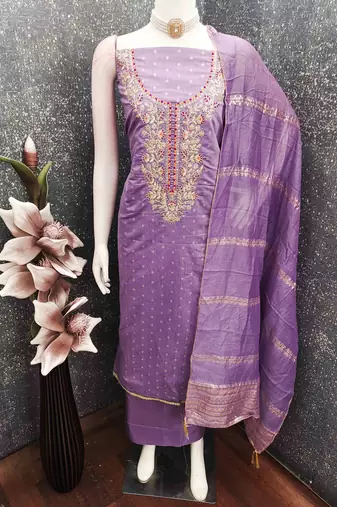 Purple chanderi  embroidered unstitched dressmaterials 3 pair top bottom dupptaa