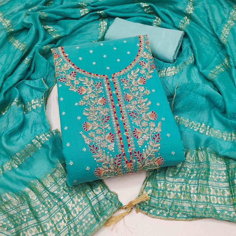 Indigo chanderi  embroidered unstitched dressmaterials 3 pair top bottom dupptaa