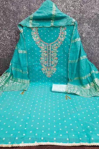 Indigo chanderi  embroidered unstitched dressmaterials 3 pair top bottom dupptaa