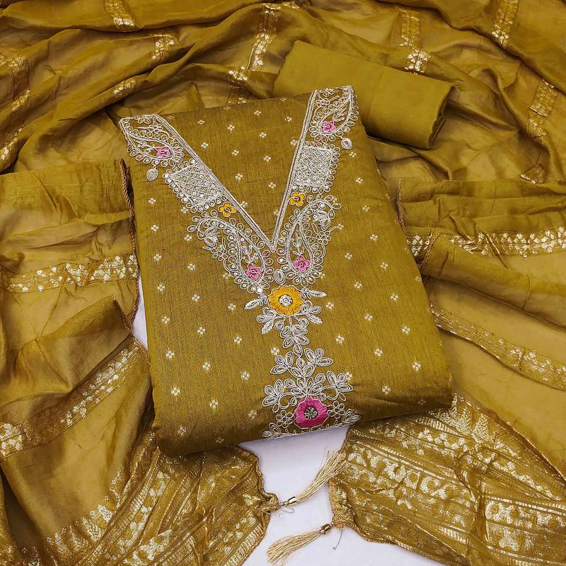 Yellow chanderi  embroidered unstitched dressmaterials 3 pair top bottom dupptaa