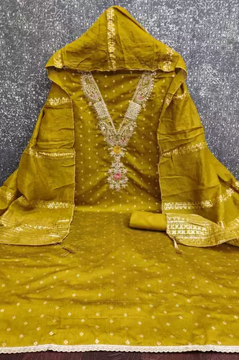 Yellow chanderi  embroidered unstitched dressmaterials 3 pair top bottom dupptaa