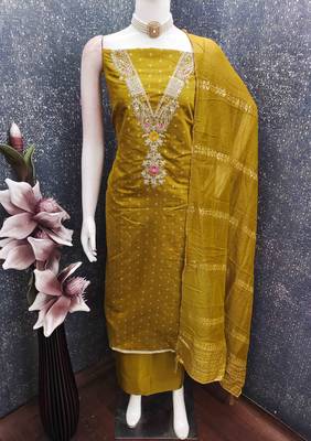 Yellow chanderi  embroidered unstitched dressmaterials 3 pair top bottom dupptaa 3