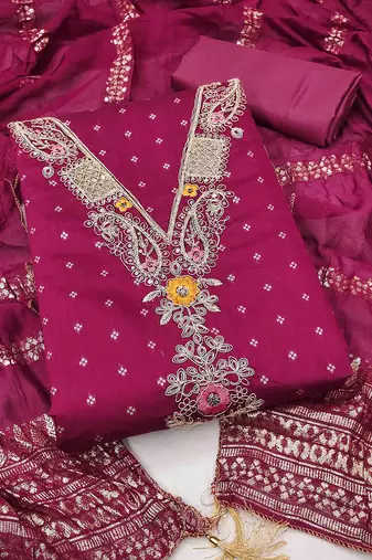 Pink chanderi  embroidered unstitched dressmaterials 3 pair top bottom dupptaa