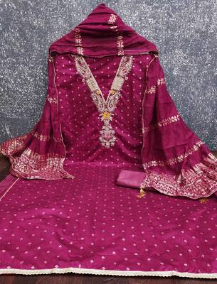 Pink chanderi  embroidered unstitched dressmaterials 3 pair top bottom dupptaa 2