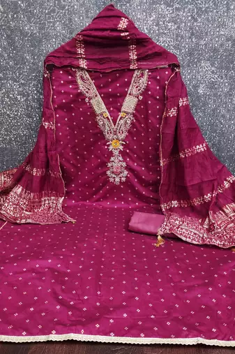 Pink chanderi  embroidered unstitched dressmaterials 3 pair top bottom dupptaa