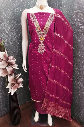 Pink chanderi  embroidered unstitched dressmaterials 3 pair top bottom dupptaa