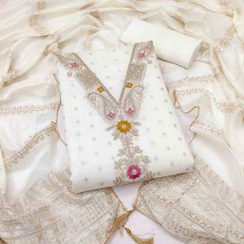 White chanderi  embroidered unstitched dressmaterials 3 pair top bottom dupptaa 1