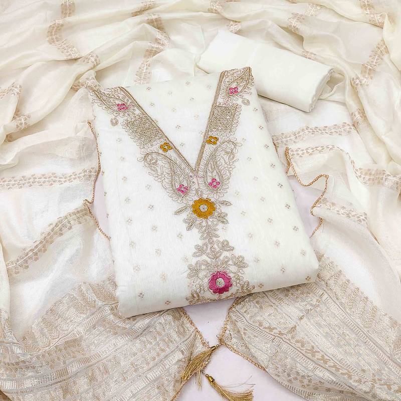 White chanderi  embroidered unstitched dressmaterials 3 pair top bottom dupptaa