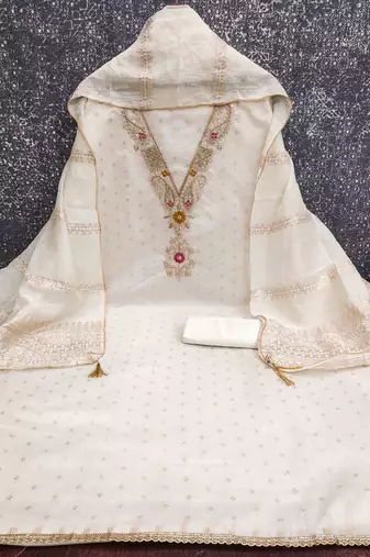 White chanderi  embroidered unstitched dressmaterials 3 pair top bottom dupptaa