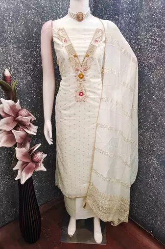 White chanderi  embroidered unstitched dressmaterials 3 pair top bottom dupptaa