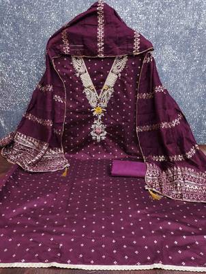 Wine chanderi  embroidered unstitched dressmaterials 3 pair top bottom dupptaa 2