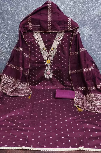 Wine chanderi  embroidered unstitched dressmaterials 3 pair top bottom dupptaa