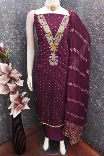 Wine chanderi  embroidered unstitched dressmaterials 3 pair top bottom dupptaa