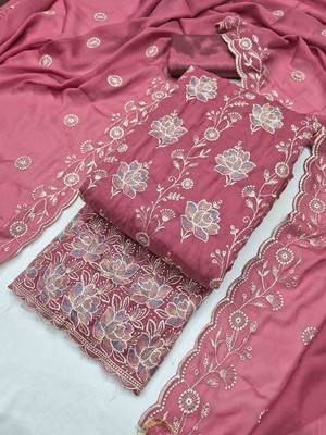 Pink georgette embroidered unstitched dressmaterials 3 pair top bottom dupptaa 1
