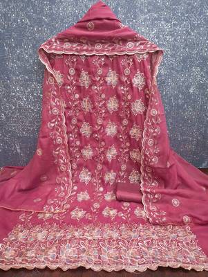 Pink georgette embroidered unstitched dressmaterials 3 pair top bottom dupptaa 2
