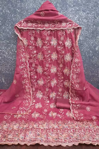 pink georgette embroidered unstitched dressmaterials 3 pair top bottom dupptaa