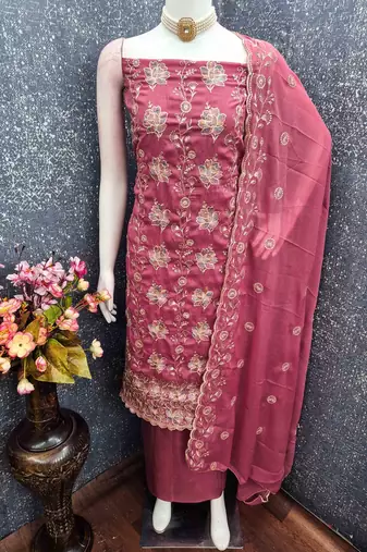pink georgette embroidered unstitched dressmaterials 3 pair top bottom dupptaa