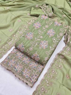 Sea green georgette embroidered unstitched dressmaterials 3 pair top bottom dupptaa 1