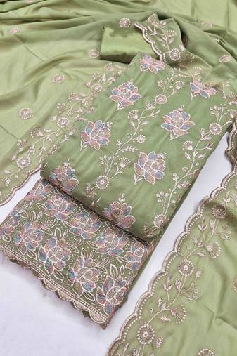 Sea green georgette embroidered unstitched dressmaterials 3 pair top bottom dupptaa
