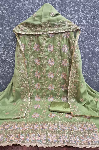 sea green georgette embroidered unstitched dressmaterials 3 pair top bottom dupptaa