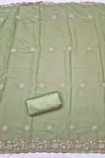 sea green georgette embroidered unstitched dressmaterials 3 pair top bottom dupptaa