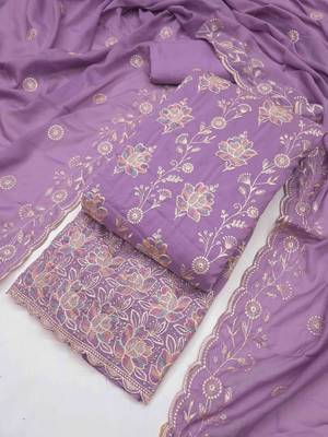 Purple georgette embroidered unstitched dressmaterials 3 pair top bottom dupptaa 1
