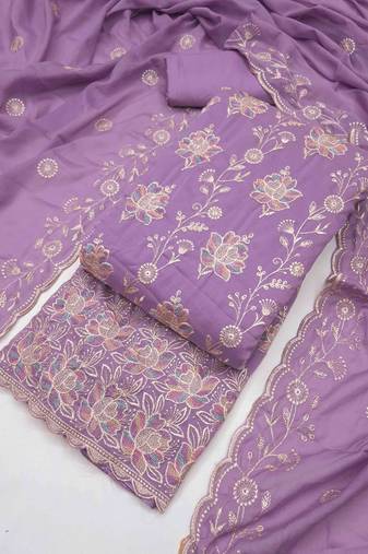 purple georgette embroidered unstitched dressmaterials 3 pair top bottom dupptaa