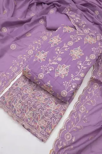 purple georgette embroidered unstitched dressmaterials 3 pair top bottom dupptaa