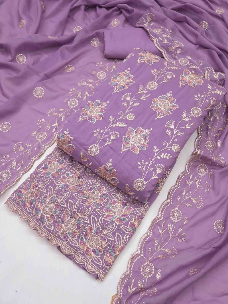 Purple georgette embroidered unstitched dressmaterials 3 pair top bottom dupptaa