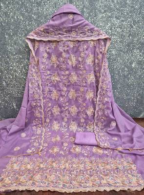 Purple georgette embroidered unstitched dressmaterials 3 pair top bottom dupptaa 2